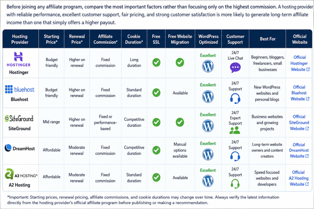 WordPress hosting affiliate program comparison table showing Hostinger, Bluehost, SiteGround, DreamHost, and A2 Hosting with pricing, commissions, cookie duration, WordPress support, migration, and customer support
