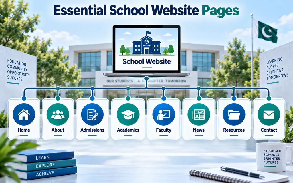 Essential school website pages including home about admissions academics faculty notices resources and contact