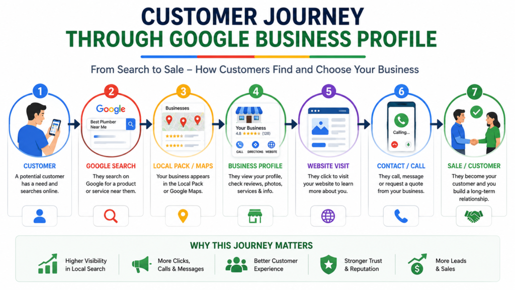 Customer journey from Google Search to business conversion through Google Business Profile