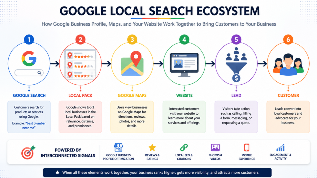 Google local search ecosystem showing the relationship between Google Search, Maps, Local Pack, and websites