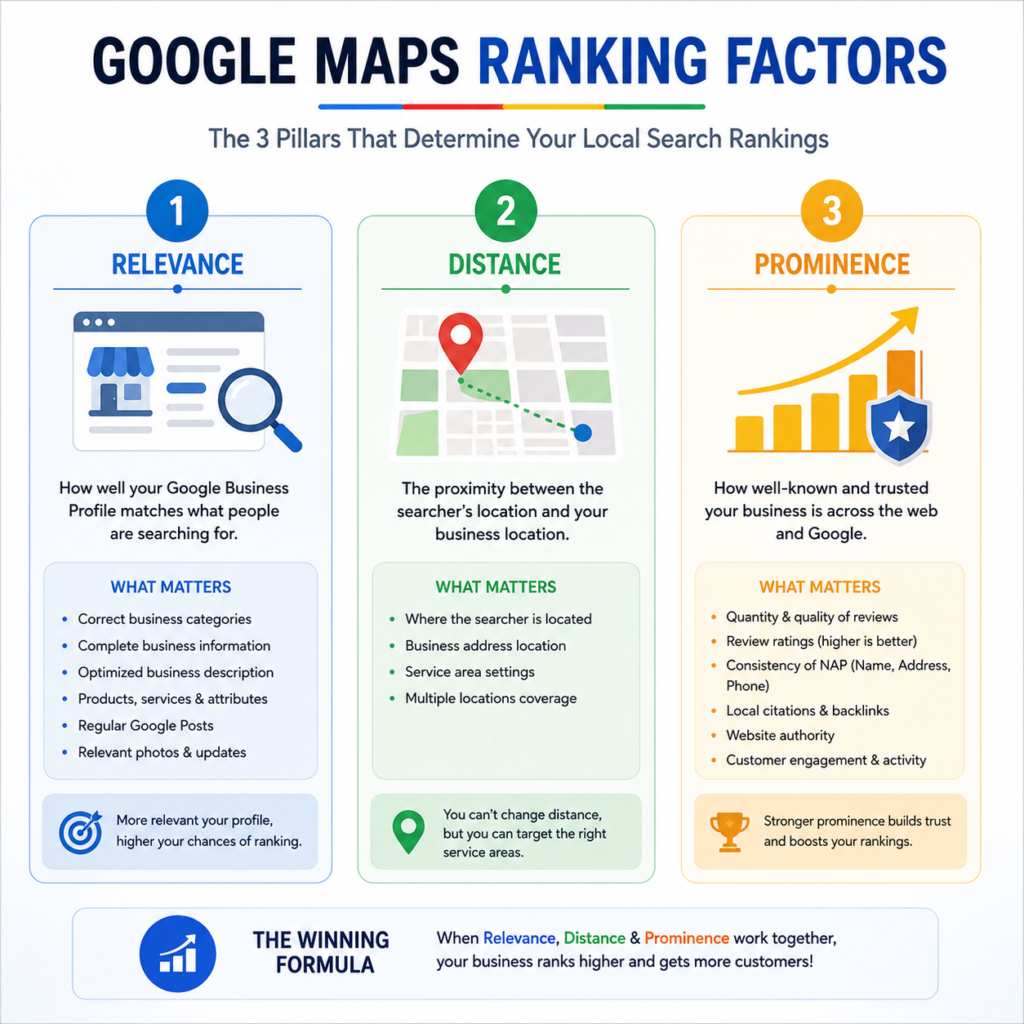 Google Maps ranking factors including relevance, distance, and prominence