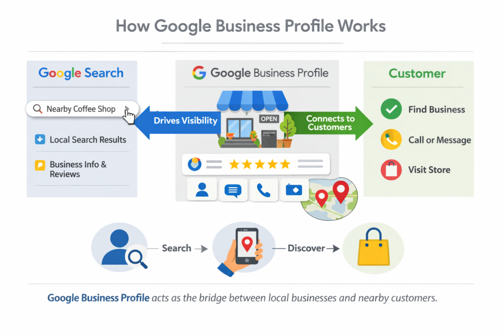 Diagram explaining how Google Business Profile connects businesses with customers through Google Search and Google Maps