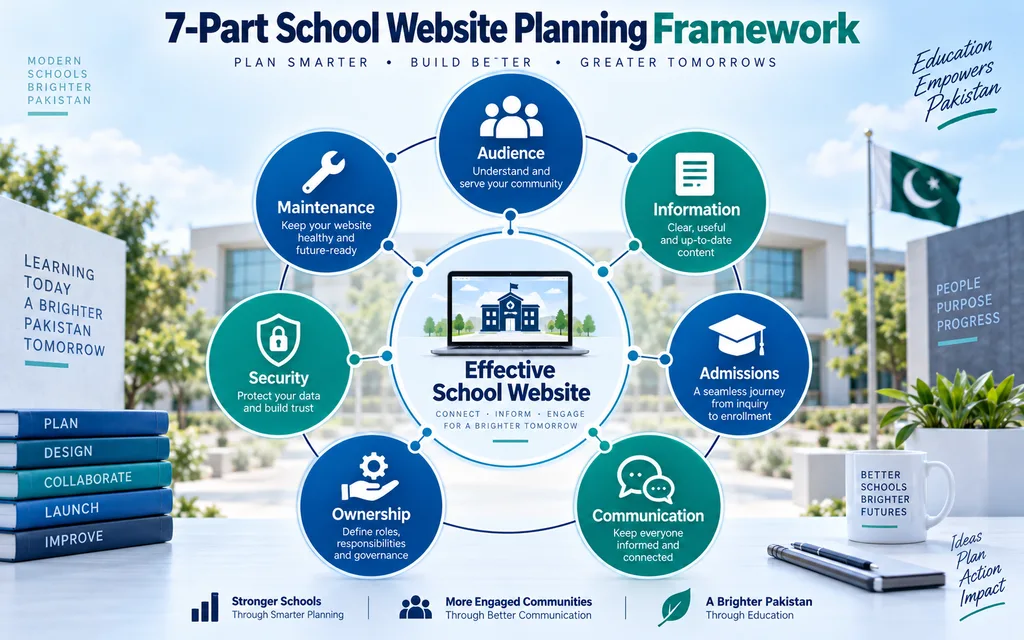 Seven-part school website planning framework covering audience information admissions communication ownership security and maintenance