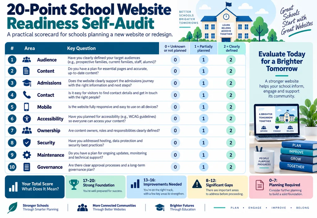 Twenty point school website readiness self audit covering audience content admissions mobile accessibility ownership security and maintenance