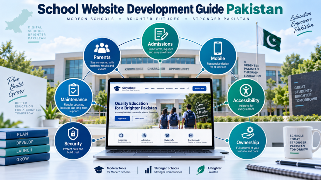 School website development guide for Pakistan covering admissions mobile design accessibility ownership security and maintenance