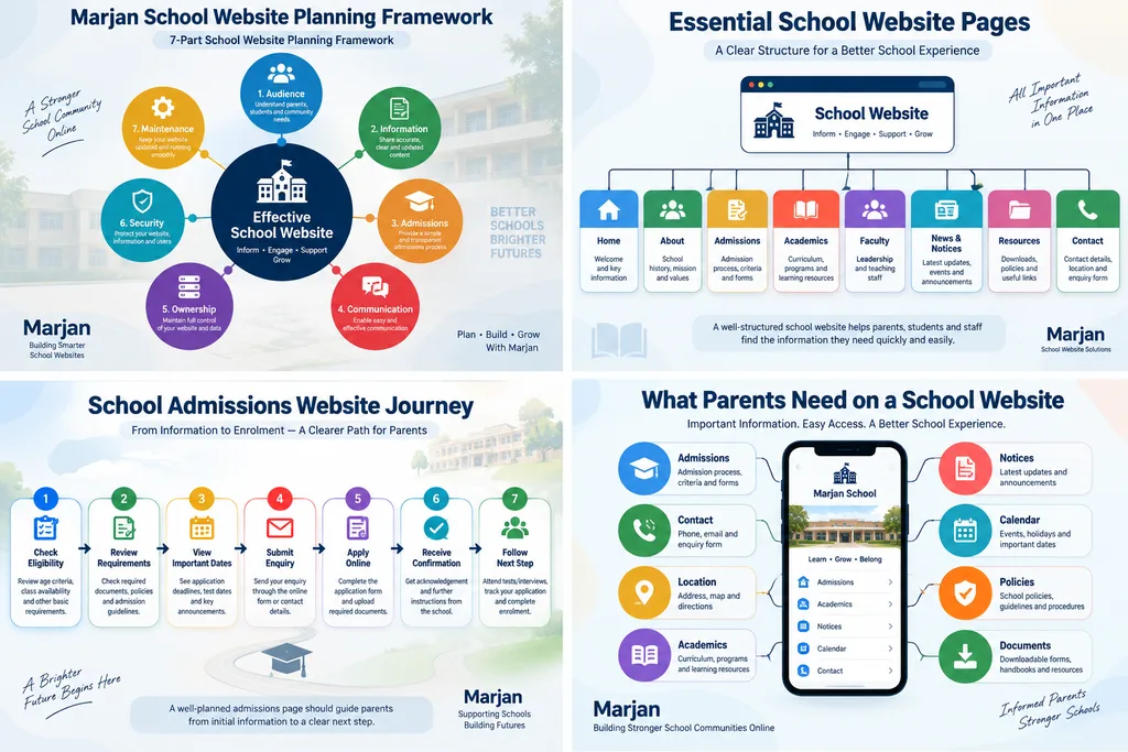 School website features for parents including admissions contact location notices academics calendar and documents