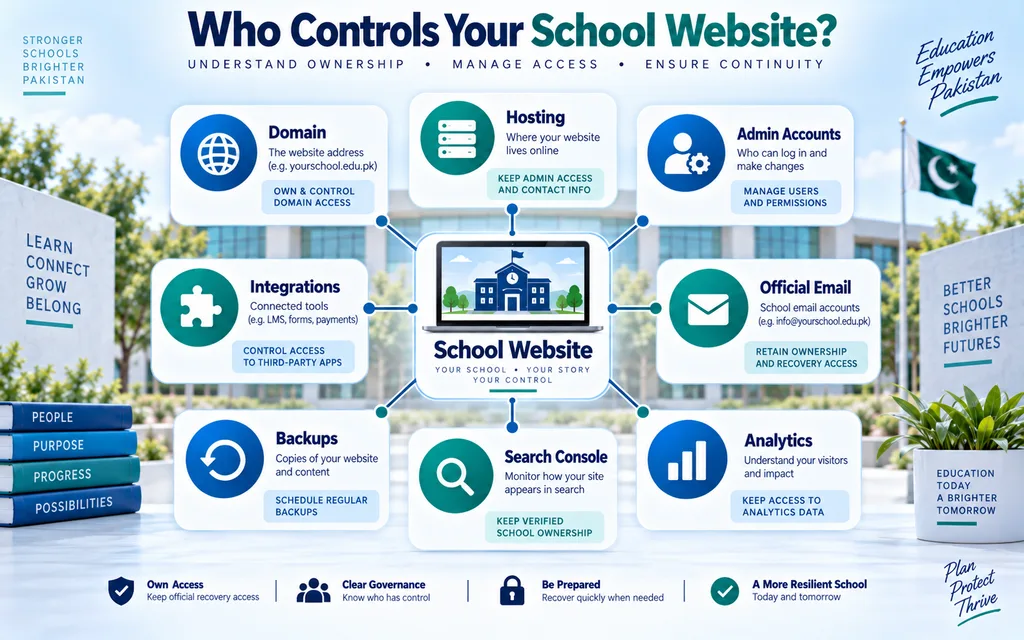 School website ownership map covering domain hosting administrator accounts email analytics search console and backups
