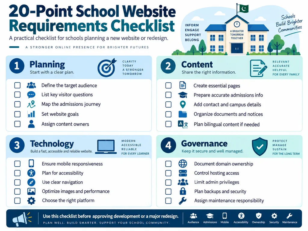 School website requirements checklist covering audiences admissions mobile accessibility ownership security content and maintenance