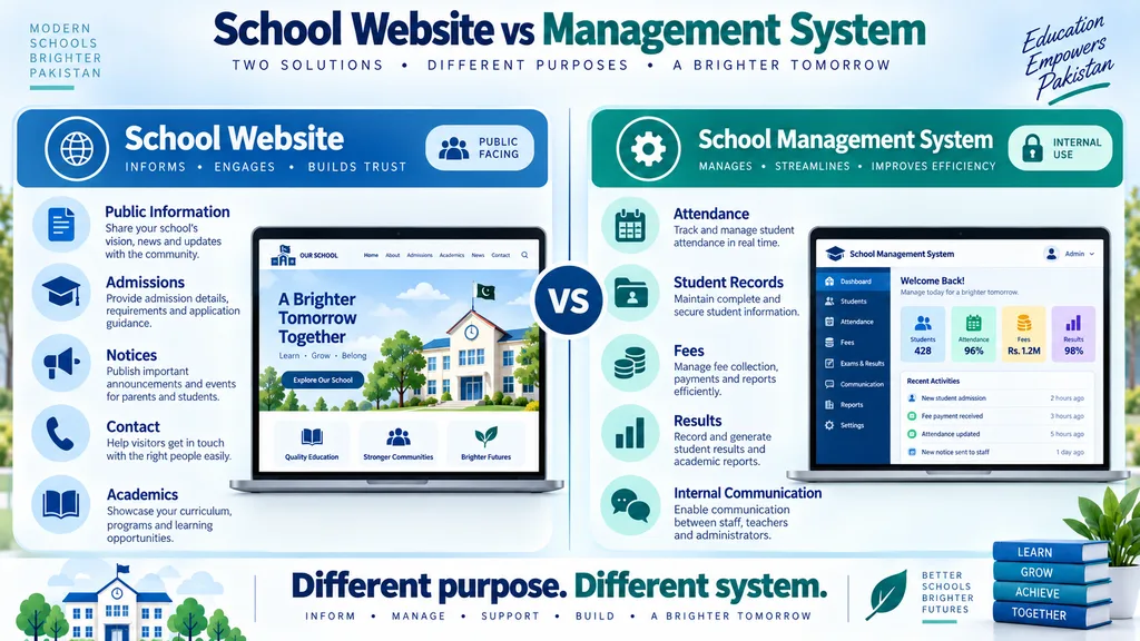 Comparison of public school websites and school management systems for admissions communication records attendance and administration