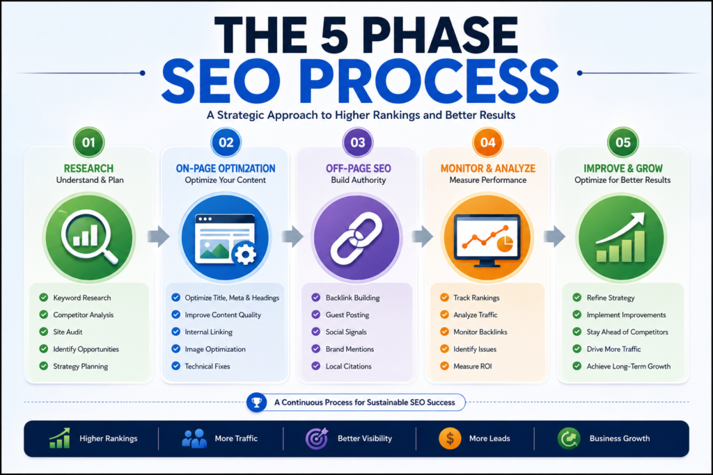 Professional five step On Page SEO process including audit, optimization, content enhancement, technical SEO, and monitoring.