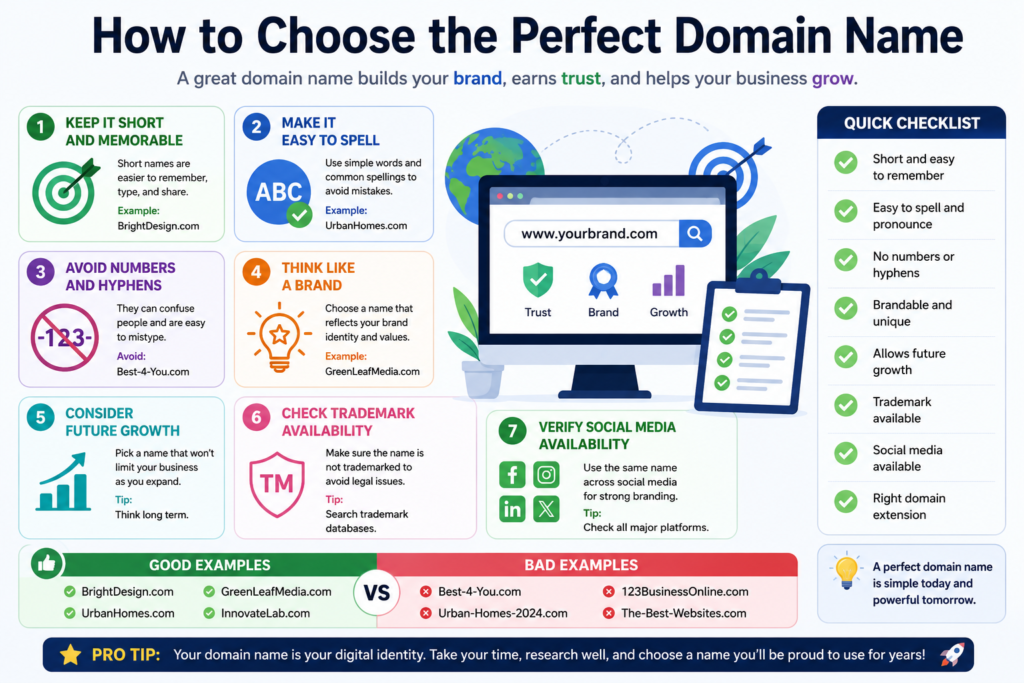Checklist showing important factors when choosing a professional domain name.