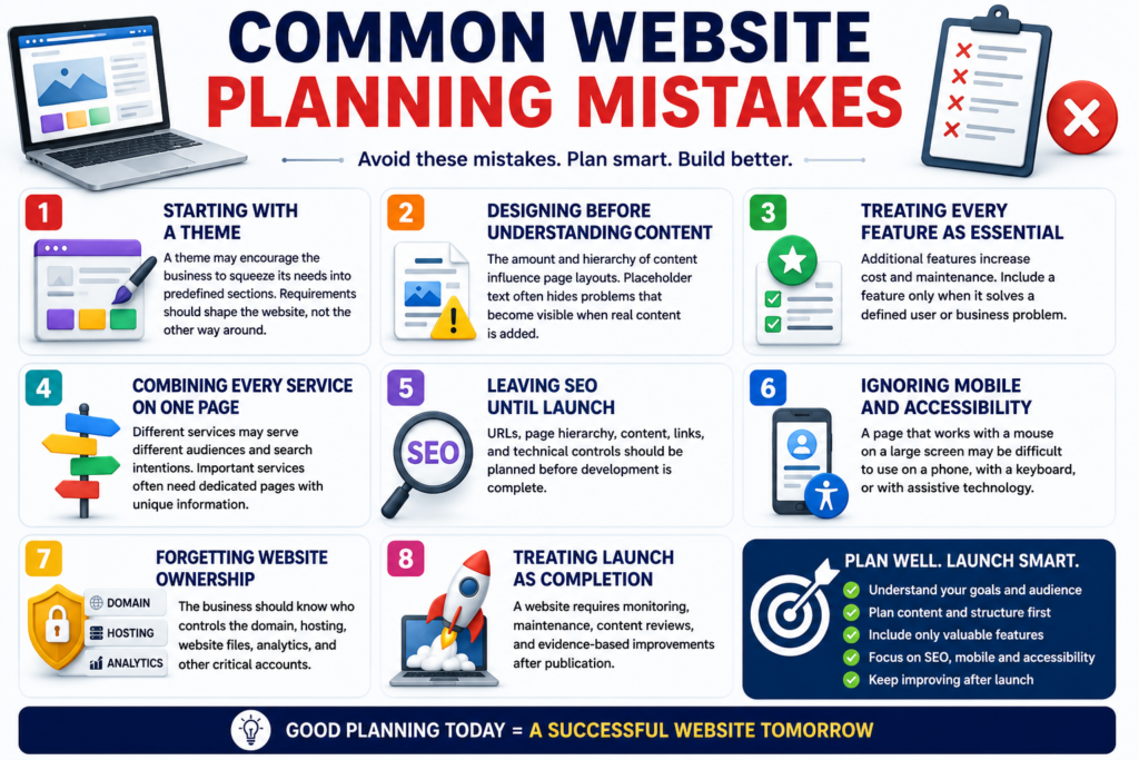 Infographic showing common website planning mistakes, including starting with a theme, designing before content, delaying SEO, ignoring mobile accessibility, poor website ownership planning and treating launch as the end of the project.