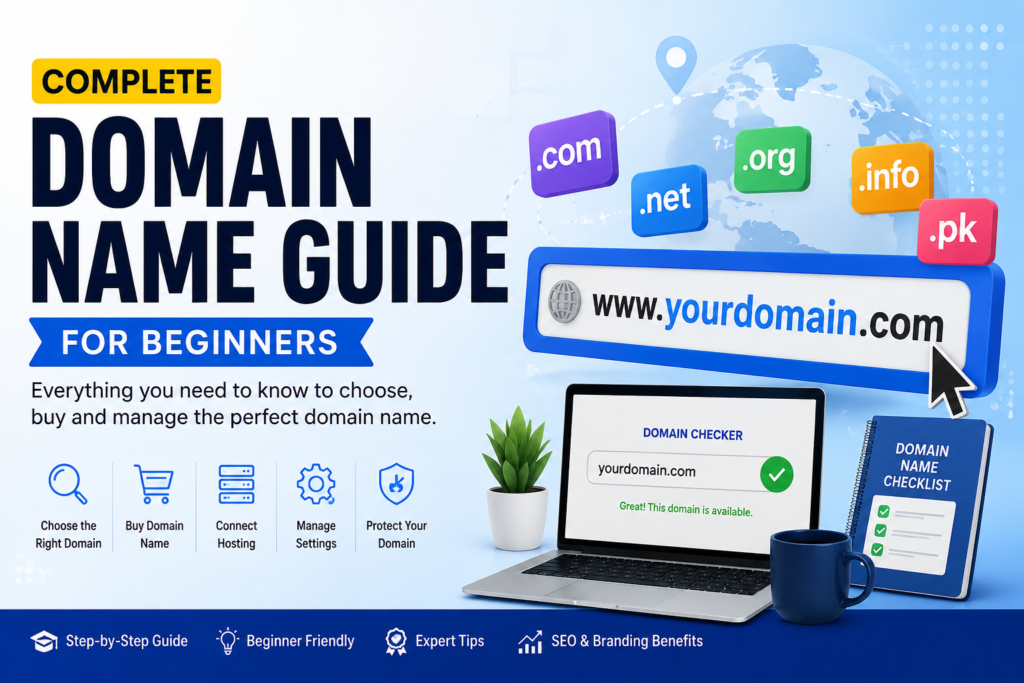 Complete Domain Name Guide explaining domain registration, domain extensions, DNS, web hosting, branding, and domain security.