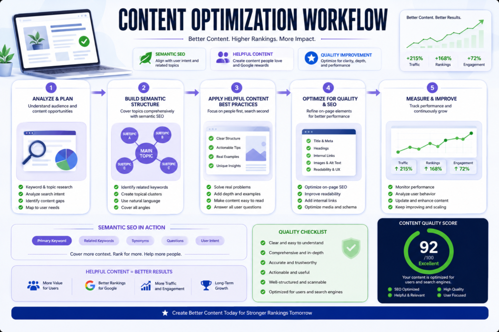 Content optimization workflow demonstrating semantic SEO, Helpful Content, and quality improvements.