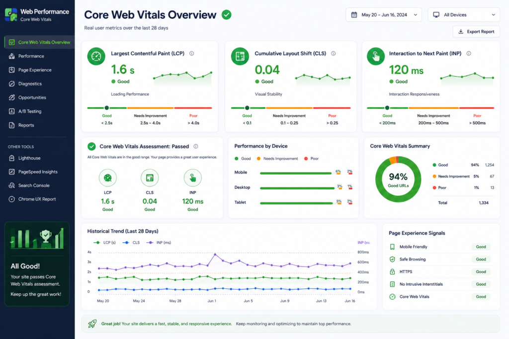 Core Web Vitals dashboard showing LCP, CLS, and INP performance metrics in the green zone.