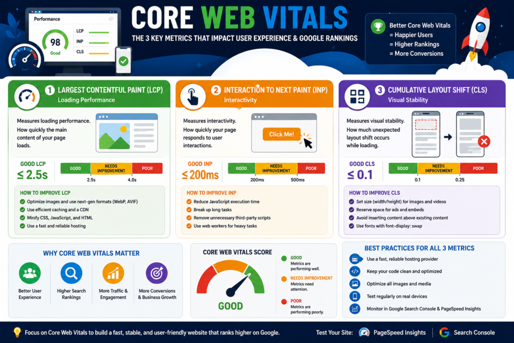 Core Web Vitals infographic explaining LCP, INP and CLS website performance metrics