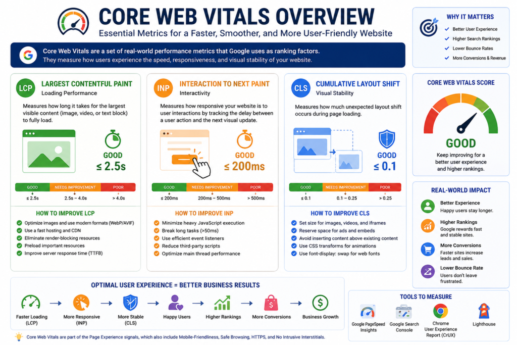 Core Web Vitals Overview infographic explaining Largest Contentful Paint (LCP), Interaction to Next Paint (INP), and Cumulative Layout Shift (CLS) with performance benchmarks, optimization techniques, and business benefits for technical SEO.