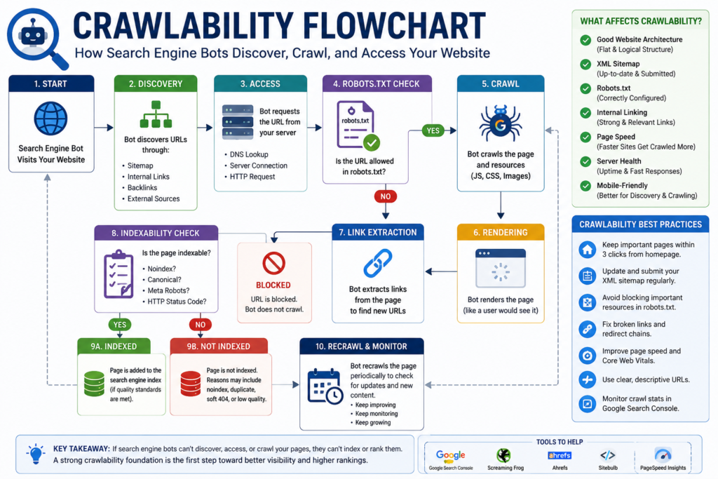 Crawlability Flowchart showing how Googlebot discovers URLs through internal links and XML sitemaps, checks robots.txt, crawls resources, renders pages, evaluates indexability, and continuously monitors websites for updates.
