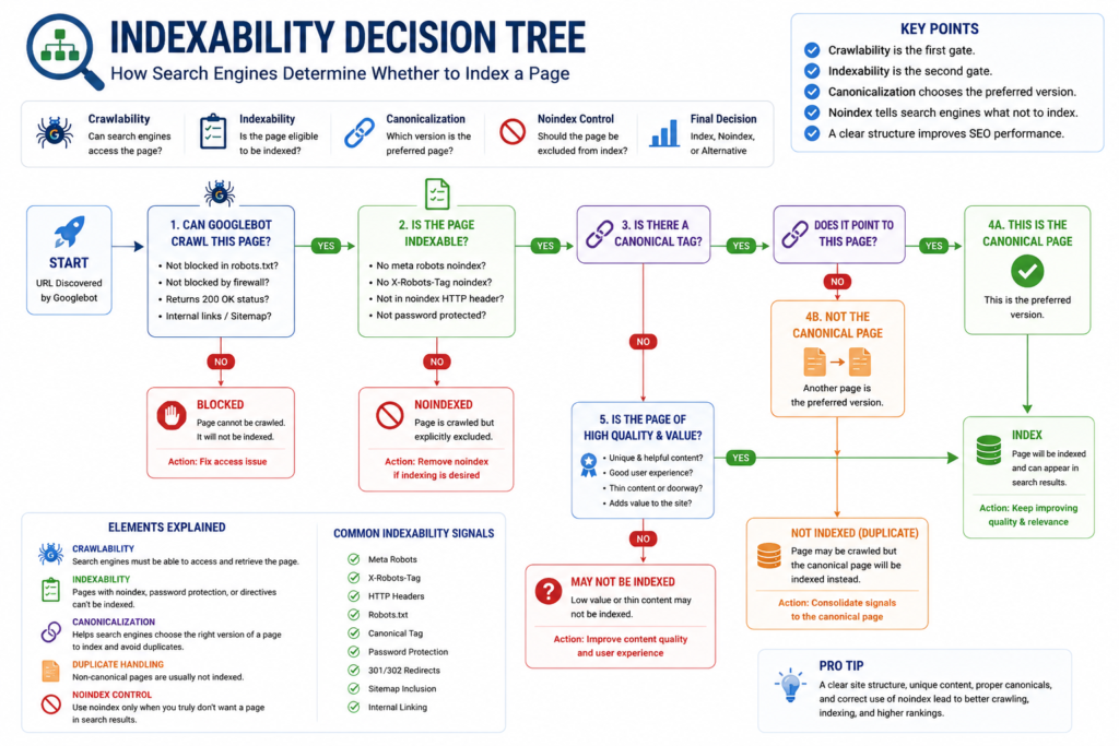 Indexability Decision Tree showing the technical SEO workflow for crawlability, indexability, canonical tags, noindex directives, page quality evaluation, duplicate handling, and Google's indexing decision process.