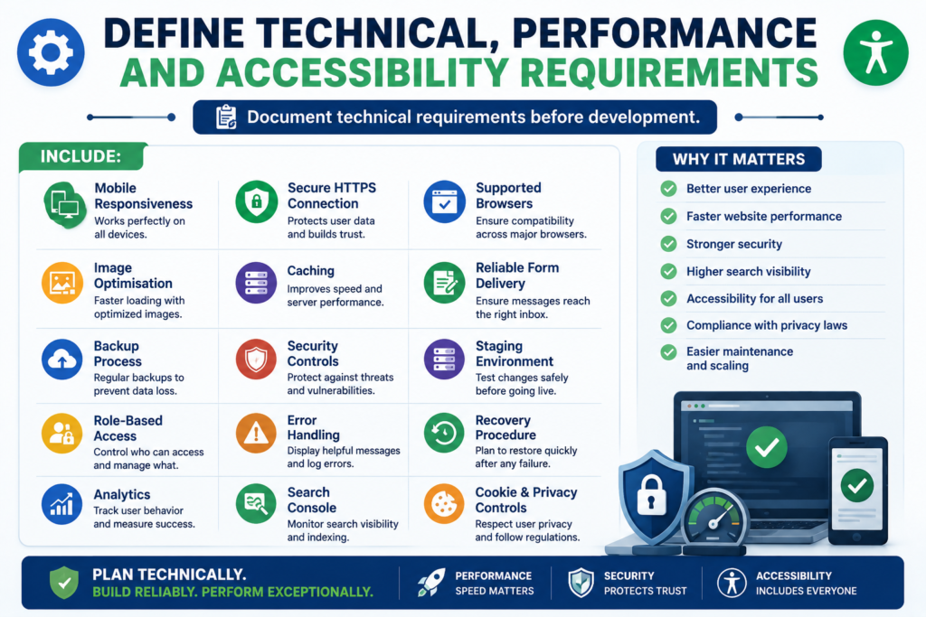Technical, performance and accessibility requirements infographic showing essential website development requirements including mobile responsiveness, HTTPS security, browser compatibility, image optimisation, caching, backups, analytics and privacy controls.