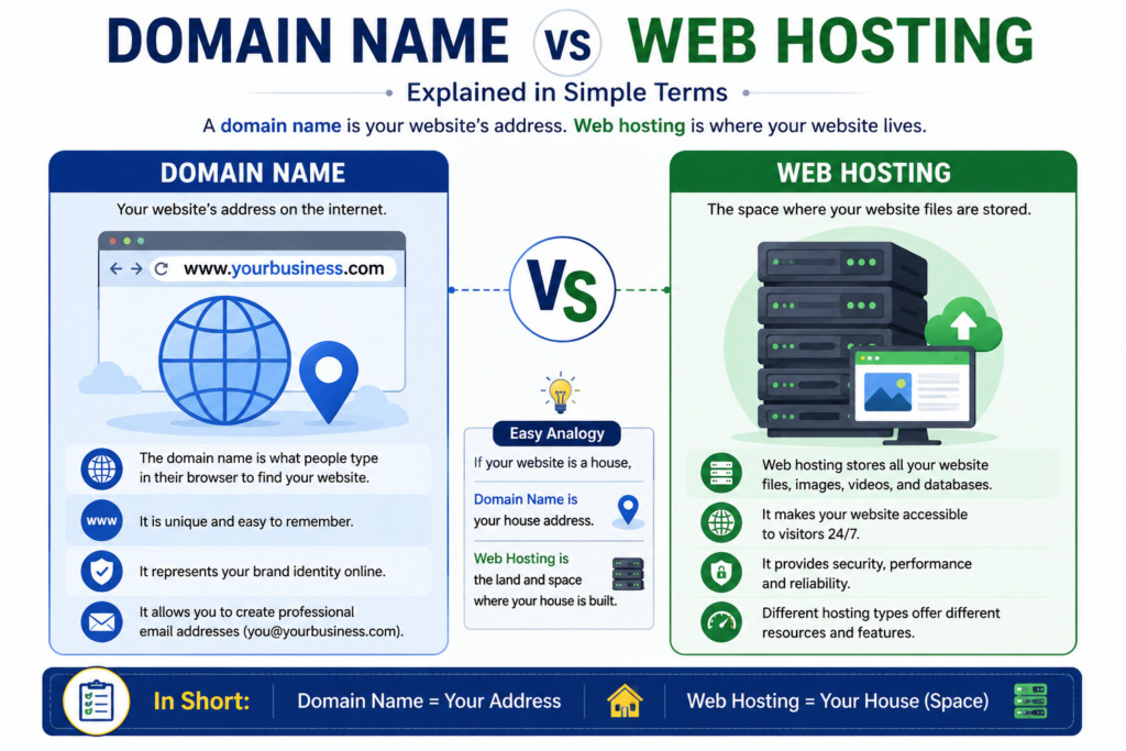 Comparison between a domain name and web hosting using a house analogy.