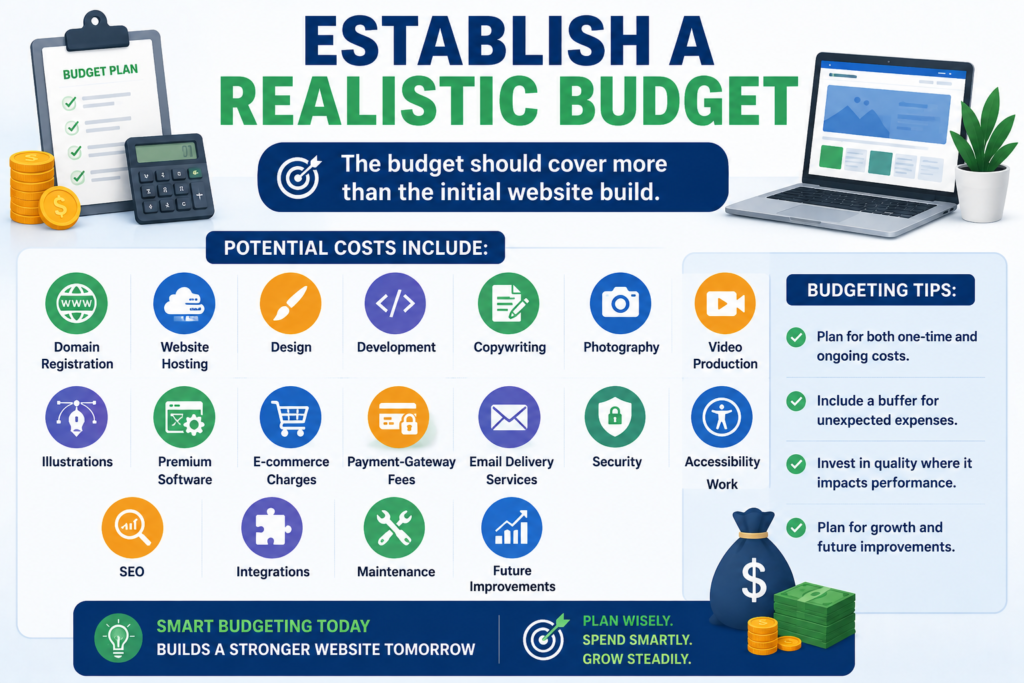 Website budgeting infographic showing the key costs of website development, including domain registration, hosting, design, development, content creation, SEO, security, integrations, maintenance and future improvements.