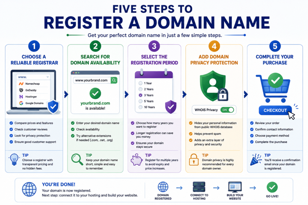 Five-step process showing how to register a domain name.