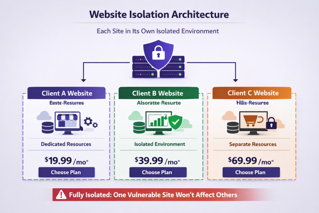 Hostinger Agency Hosting website isolation architecture showing independent site environments