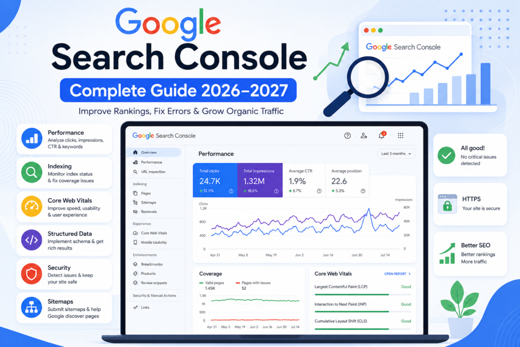 Google Search Console dashboard showing SEO performance, clicks, impressions, indexing, and website optimization reports