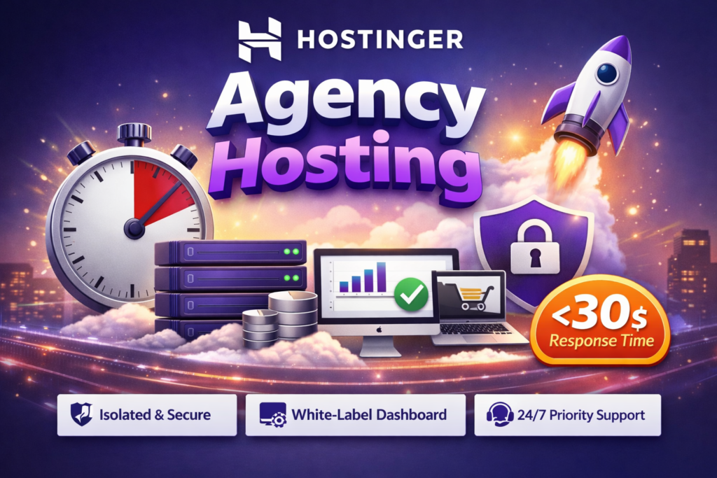 Hostinger Agency Hosting featured image showing servers, stopwatch, rocket launch, secure shield, and 40% faster performance badge