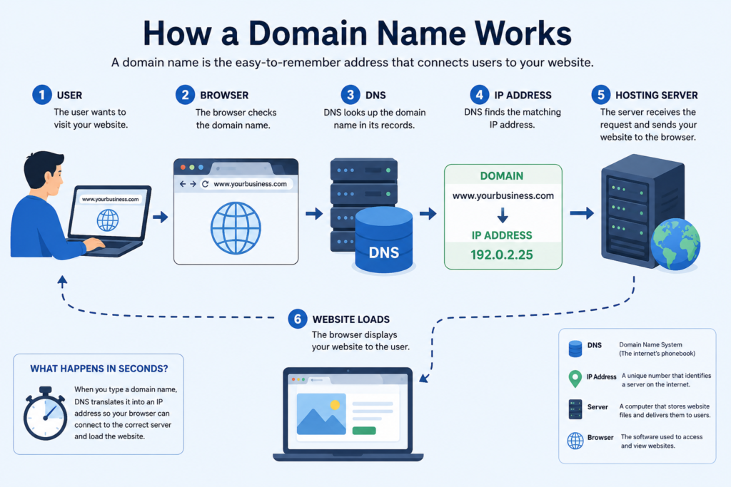 Illustration showing how a domain name connects users to a website through DNS.