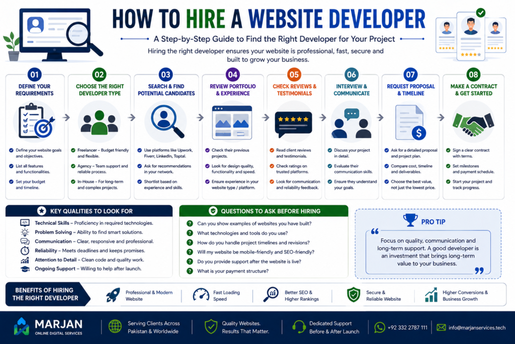 Checklist showing how to hire a professional website developer including portfolio review, pricing, communication, SEO knowledge and maintenance support.