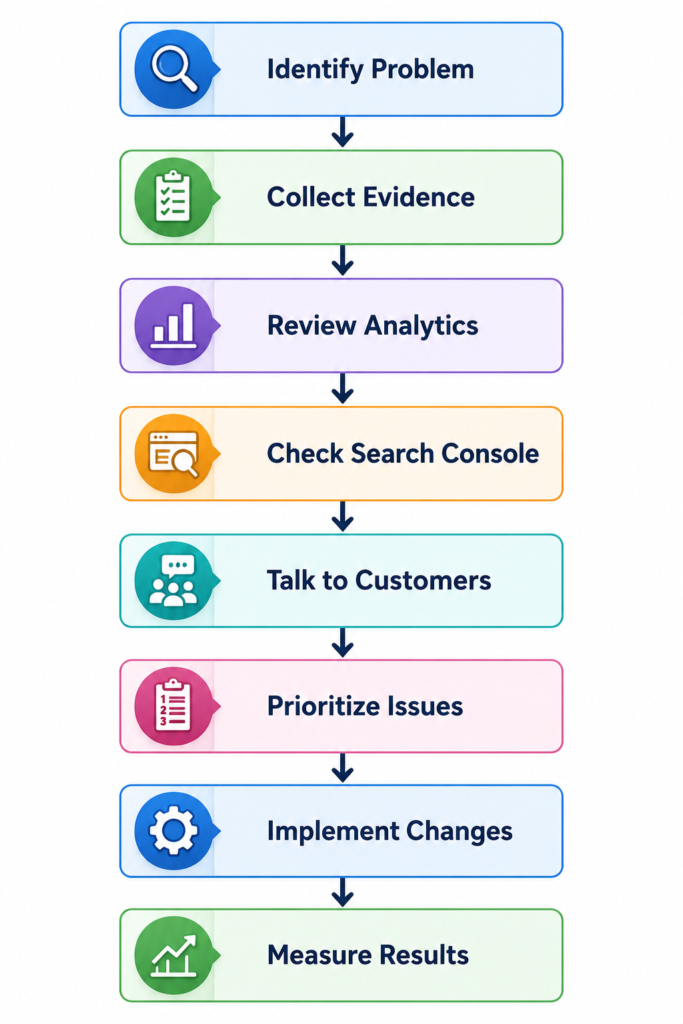 Professional vertical infographic titled "Website Problem Diagnosis Workflow" illustrating the complete process for identifying and resolving website issues. The flow begins with Identify Problem, followed by Collect Evidence, Review Analytics, Check Search Console, Talk to Customers, Prioritize Issues, Implement Changes, and ends with Measure Results. Each step is displayed in a modern color coded box with a relevant icon, connected by downward arrows on a clean white background, representing a structured website audit and continuous improvement process.