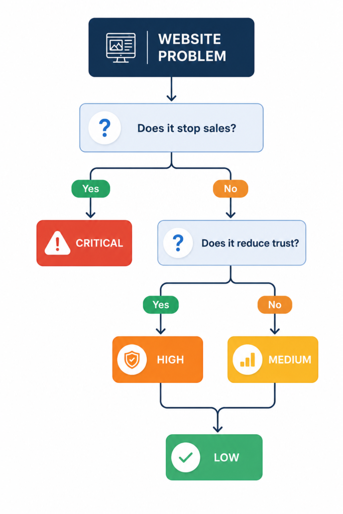 Professional vertical flowchart titled "Website Problem Priority Matrix" illustrating how to prioritize website issues. The diagram begins with Website Problem, followed by the decision "Does it stop sales?" If Yes, the issue is classified as Critical. If No, the flow continues to "Does it reduce trust?" If Yes, the issue is classified as High. If No, it is categorized as Medium, with Low representing the lowest priority. The infographic uses modern icons, color coded priority boxes, connecting arrows, and a clean business style on a white background.