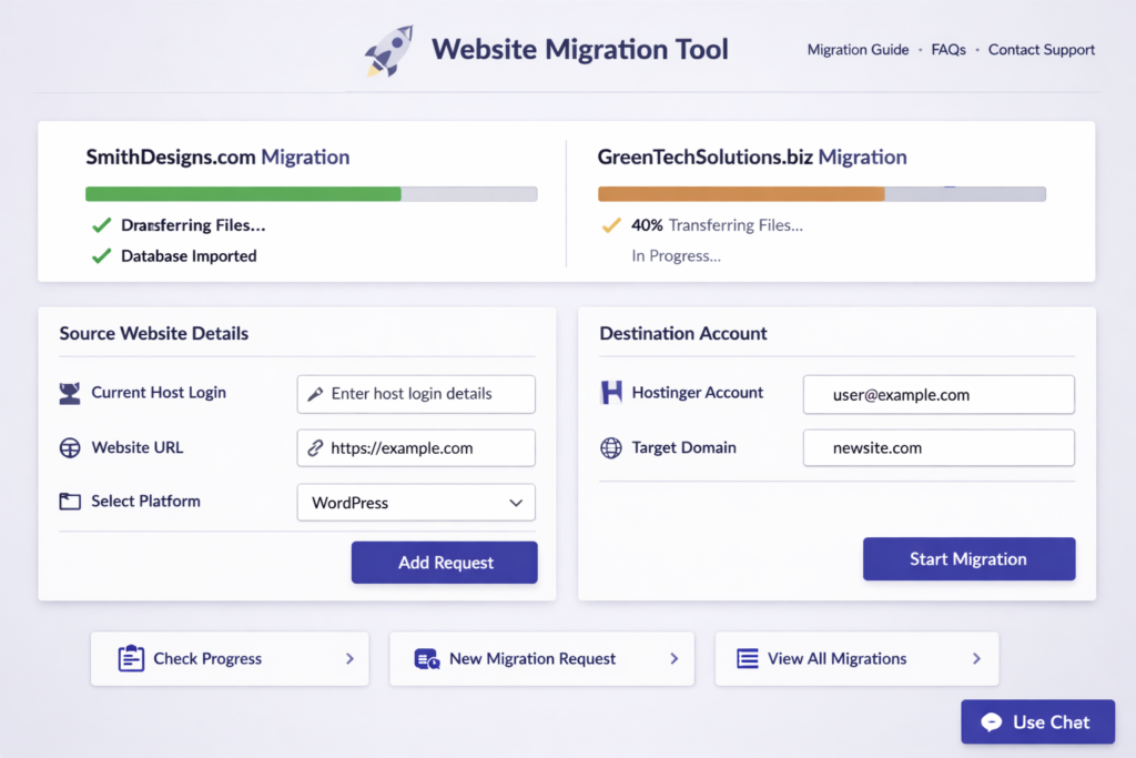 Hostinger Agency Hosting free website migration interface