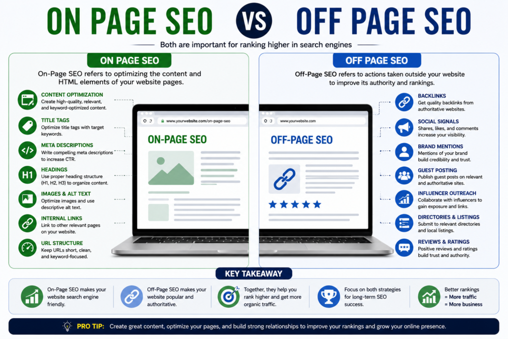 Comparison between On Page SEO and Off Page SEO optimization strategies.