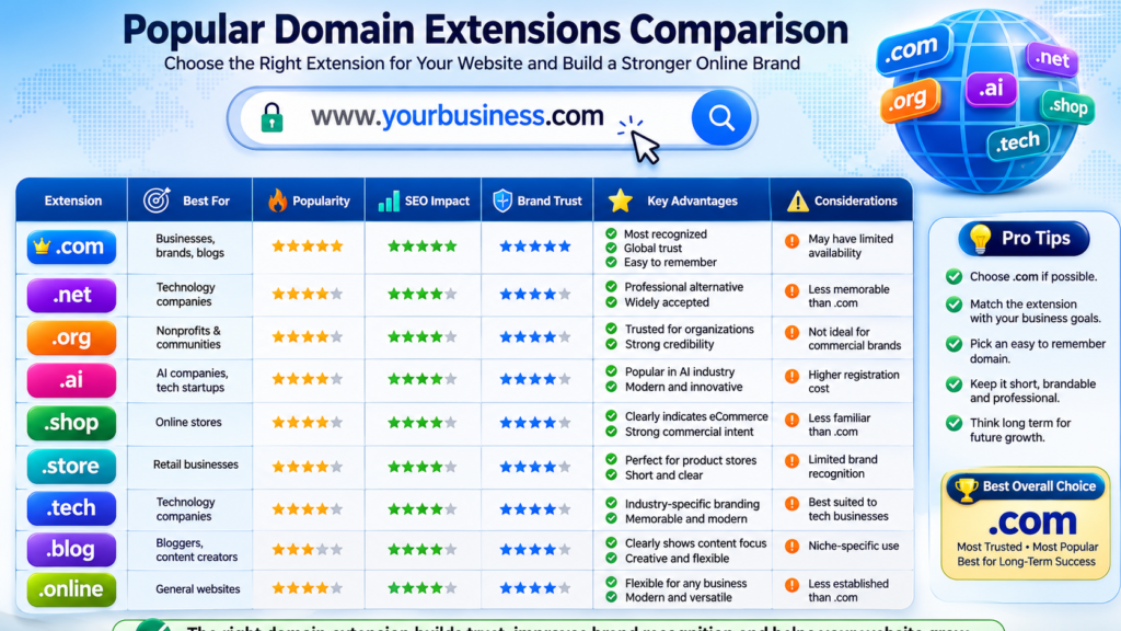 Comparison of popular domain extensions including .com, .net, .org, .ai, .shop, and .tech.