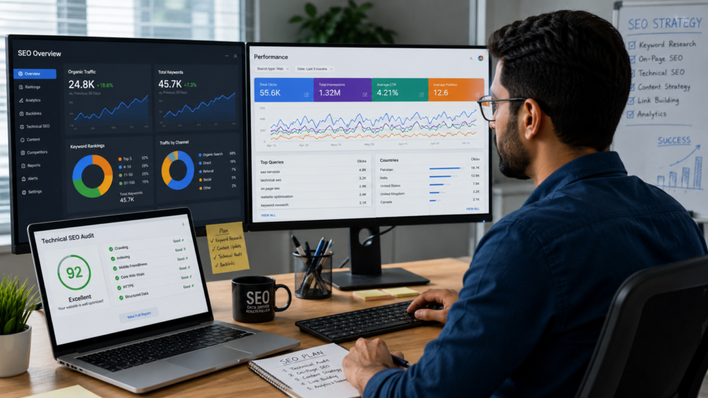 Professional On Page SEO expert analyzing website performance metrics