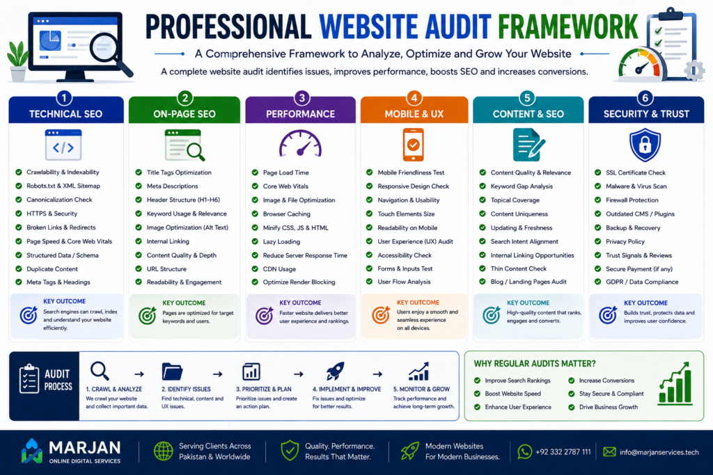 Website audit framework covering technical SEO, mobile usability, Core Web Vitals, internal linking, security and conversion optimization.