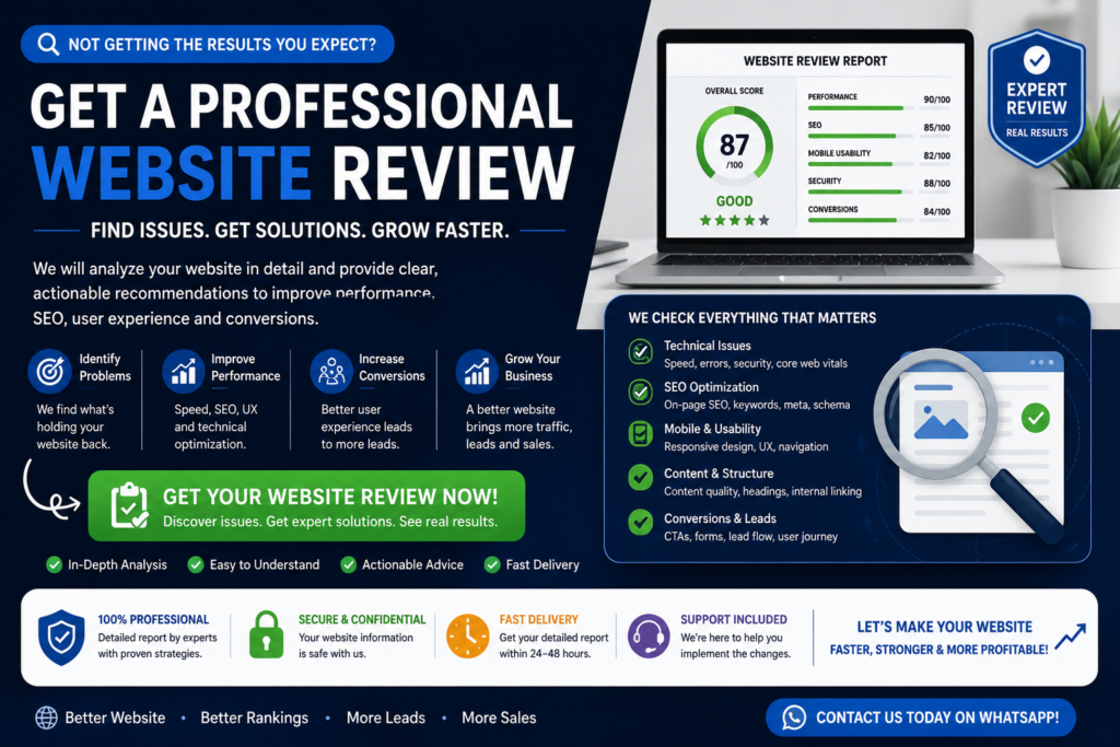 Professional website review covering structure, content, mobile usability, SEO, trust and conversions