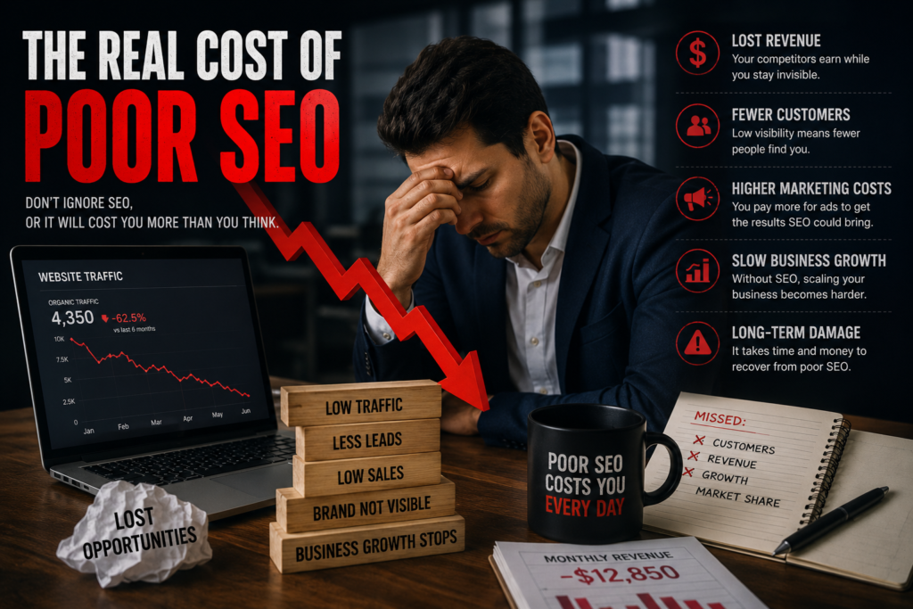 Infographic showing how poor On Page SEO leads to lower rankings, traffic, leads, and revenue.