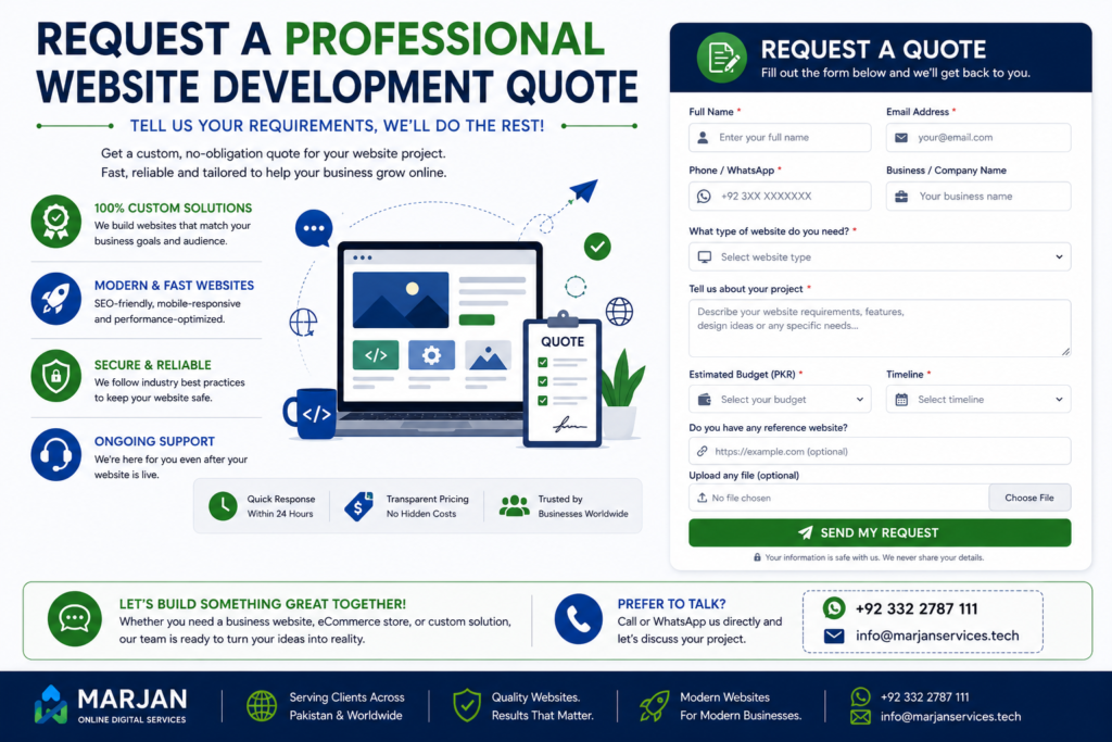 Call-to-action graphic encouraging businesses to request a professional website development quotation in Pakistan.