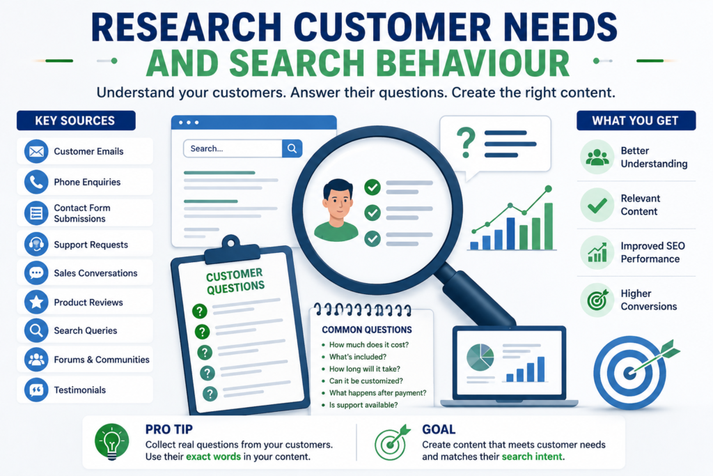 Research Customer Needs and Search Behaviour infographic showing customer research sources, common customer questions, search intent analysis and business insights for effective website planning.