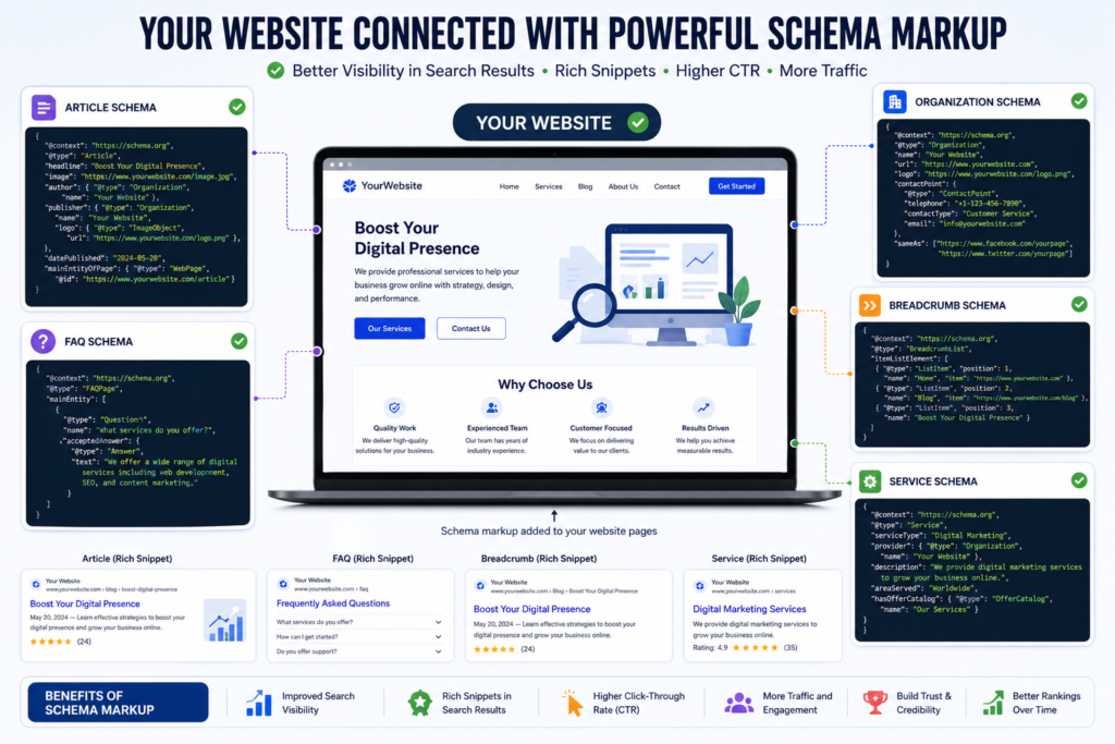 Website connected with Article Schema, FAQ Schema, Organization Schema, Breadcrumb Schema, and Service Schema.