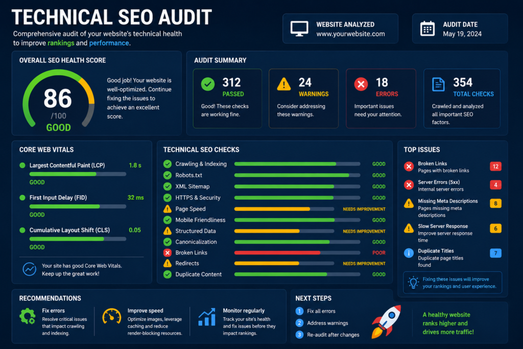 SEO audit dashboard displaying crawl errors, site health, Core Web Vitals, and technical issues.