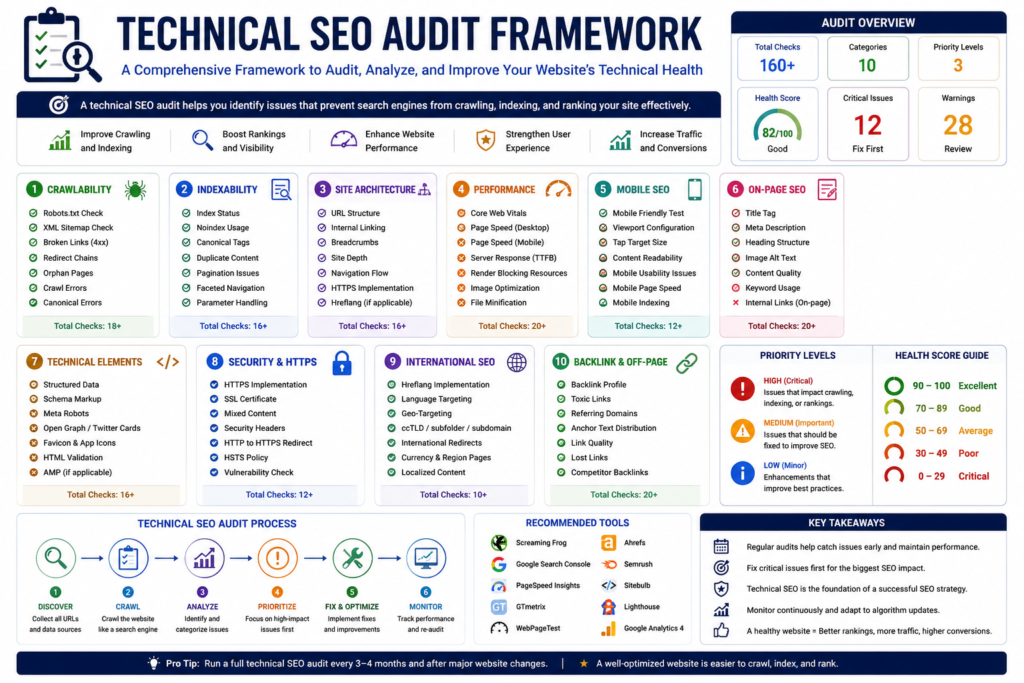 Technical SEO Audit Framework infographic showing the complete enterprise website audit process, including crawlability, indexability, website architecture, Core Web Vitals, mobile SEO, structured data, security, international SEO, audit workflow, and technical SEO best practices.