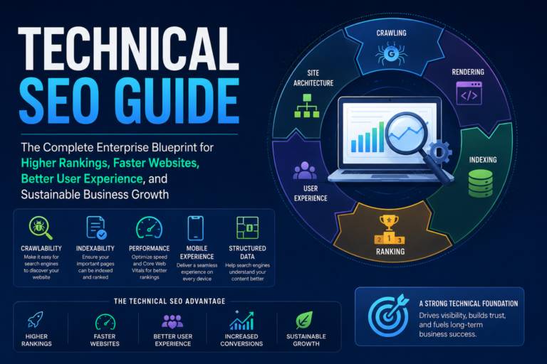 Technical SEO Guide or workflow showing crawling, indexing, rendering, and ranking process.