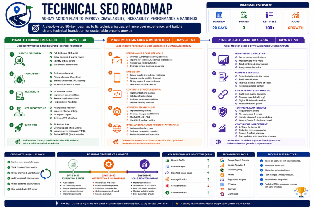 Technical SEO Roadmap infographic showing a 90-day implementation plan with three phases: technical audit and foundation, optimization and performance improvements, and continuous monitoring for long-term website growth.
