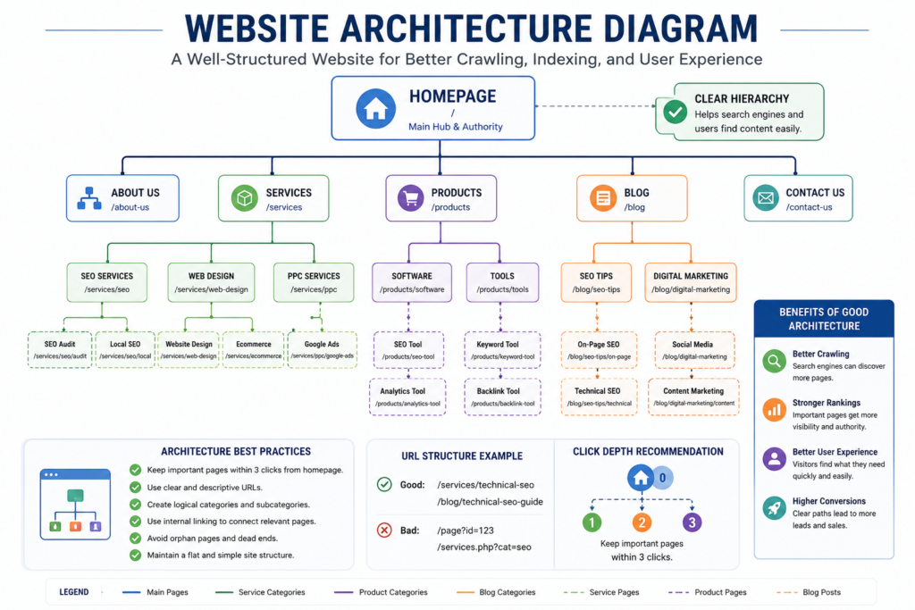 Example of SEO-friendly website architecture with homepage, category pages, service pages, and blog content.