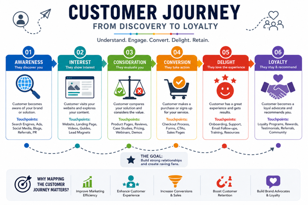 Website customer journey from search and first impression to trust, action and follow up